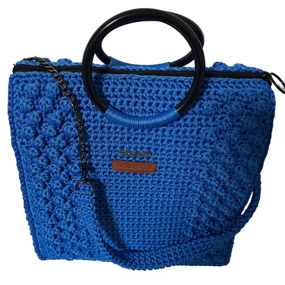 Handmade Blue Crochet Trapezoid Handbag - Picture 2 of 5